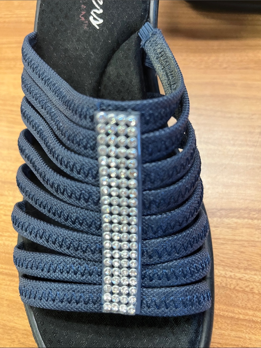 Skechers RUMBLERS Navy Slip-On Rhinestone Band Slide And Wedge Heels. - Picture 3 of 5
